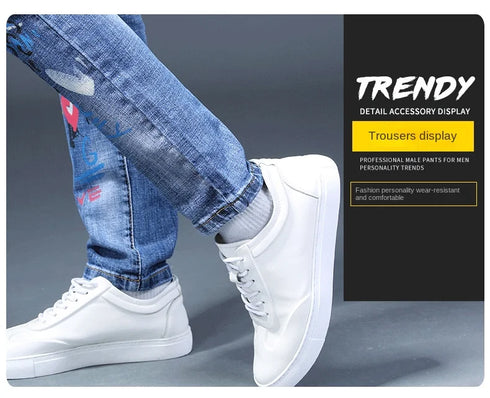 Slim Fit Korean Streetwear Graphical Printed Luxury Hip-Hop Stretch Denim Jeans for Men - Perfect Medium Wash Jeans Outfit